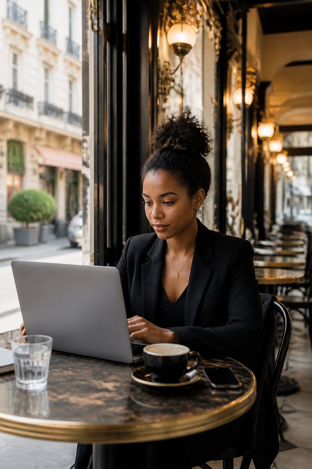 Skincare founder reviewing new customer emails at a café