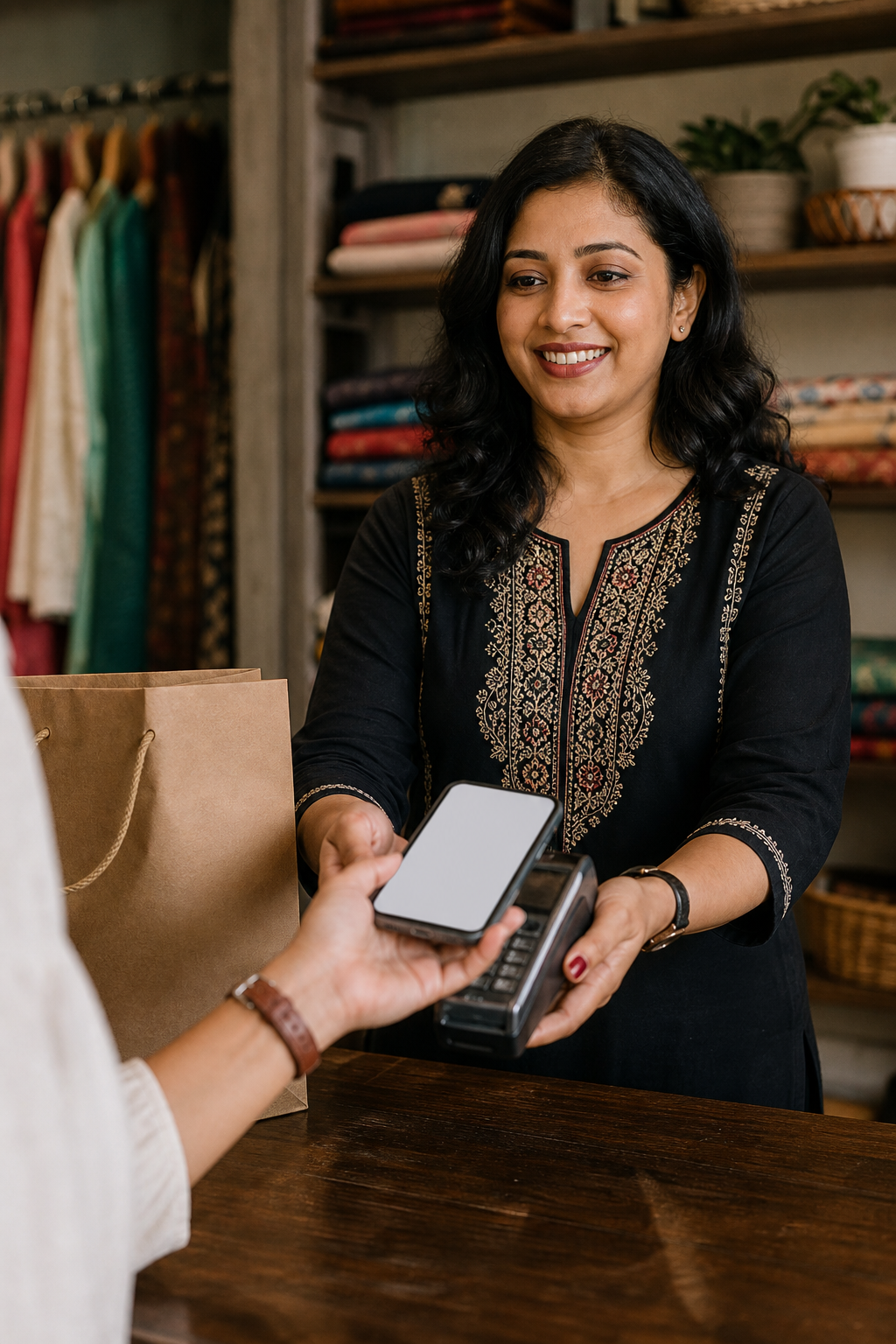 Boutique owner completing a sale with a new online customer