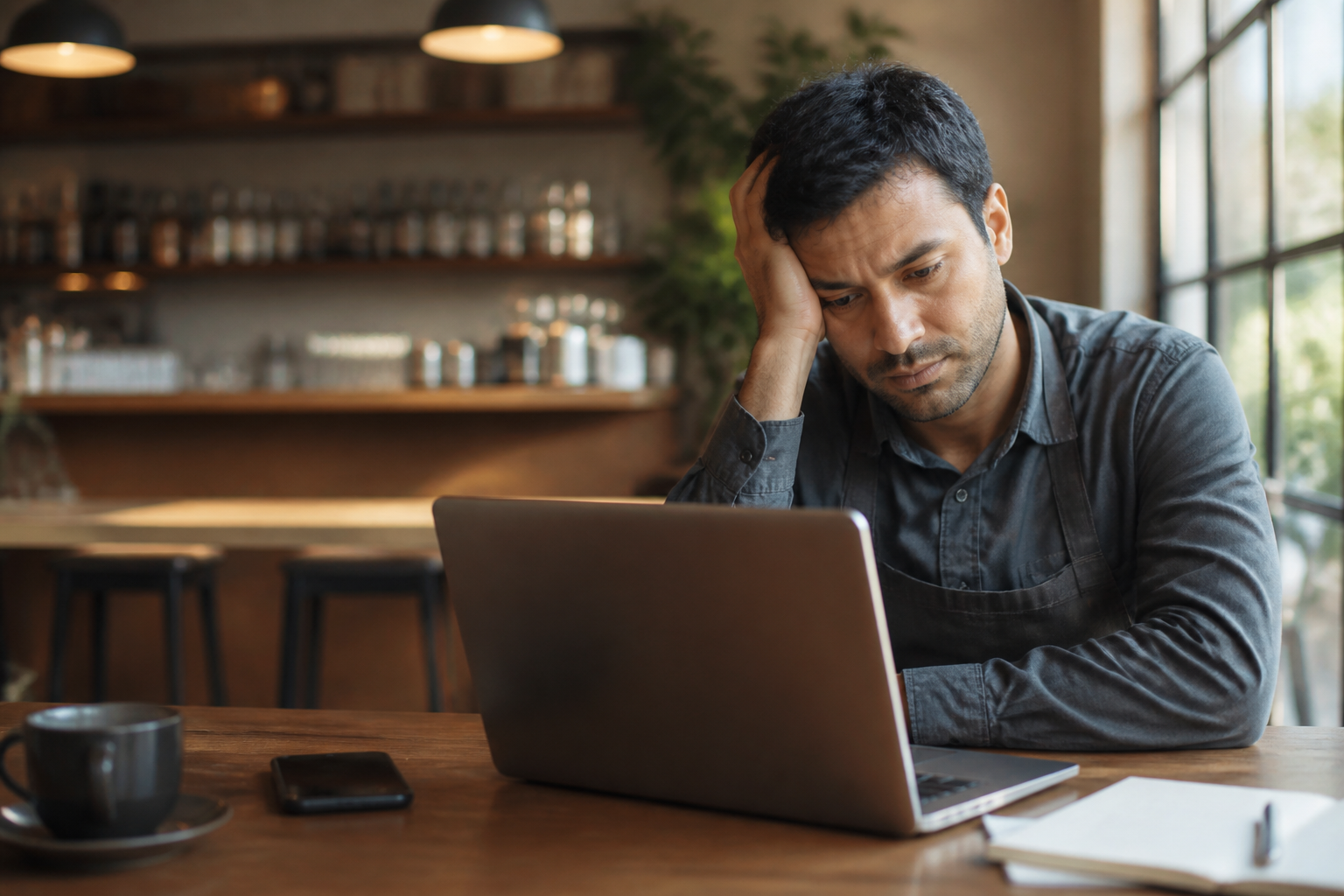 Frustrated small business owner checking empty marketing results on a laptop