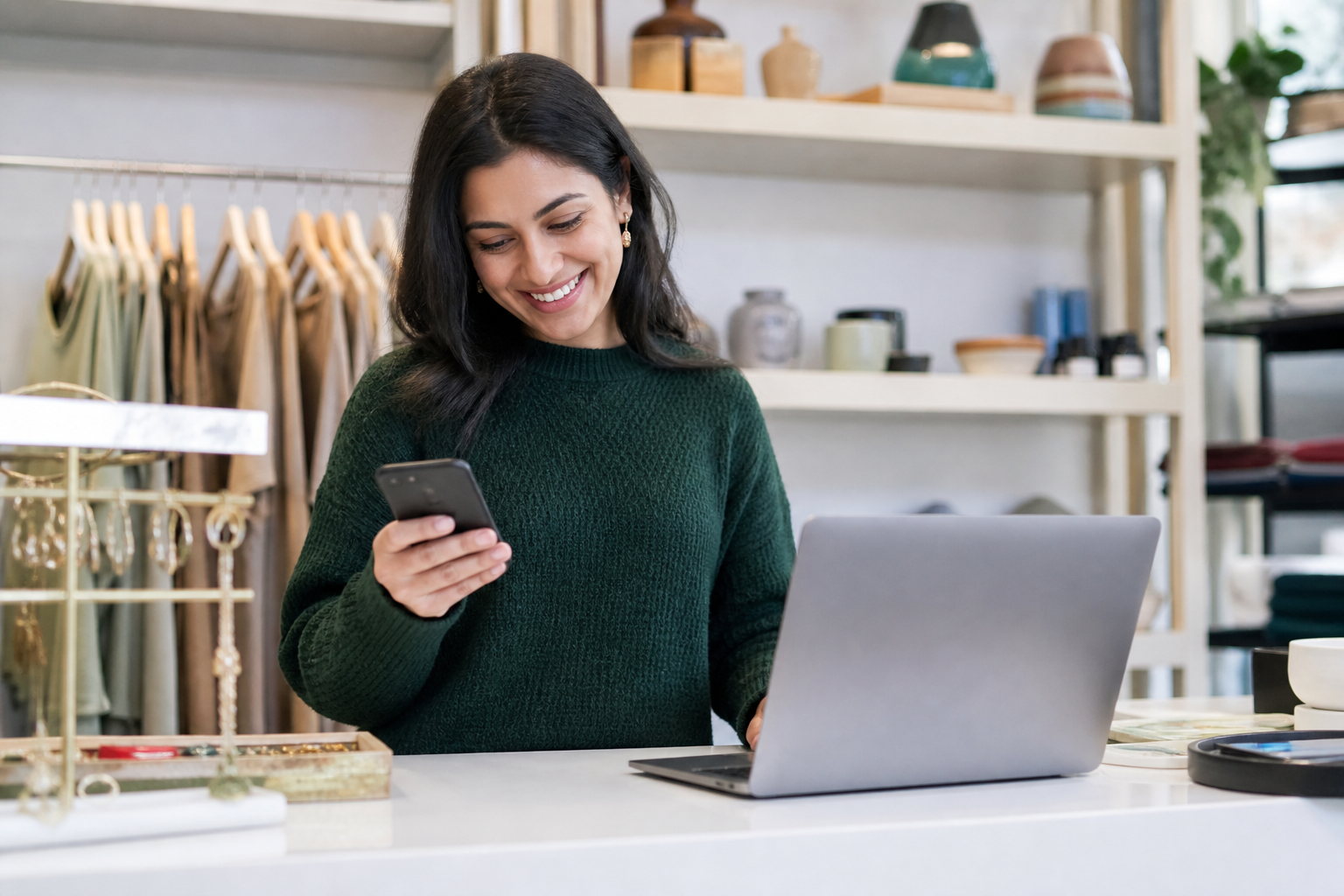 Small business owner receiving new customer leads on phone and laptop